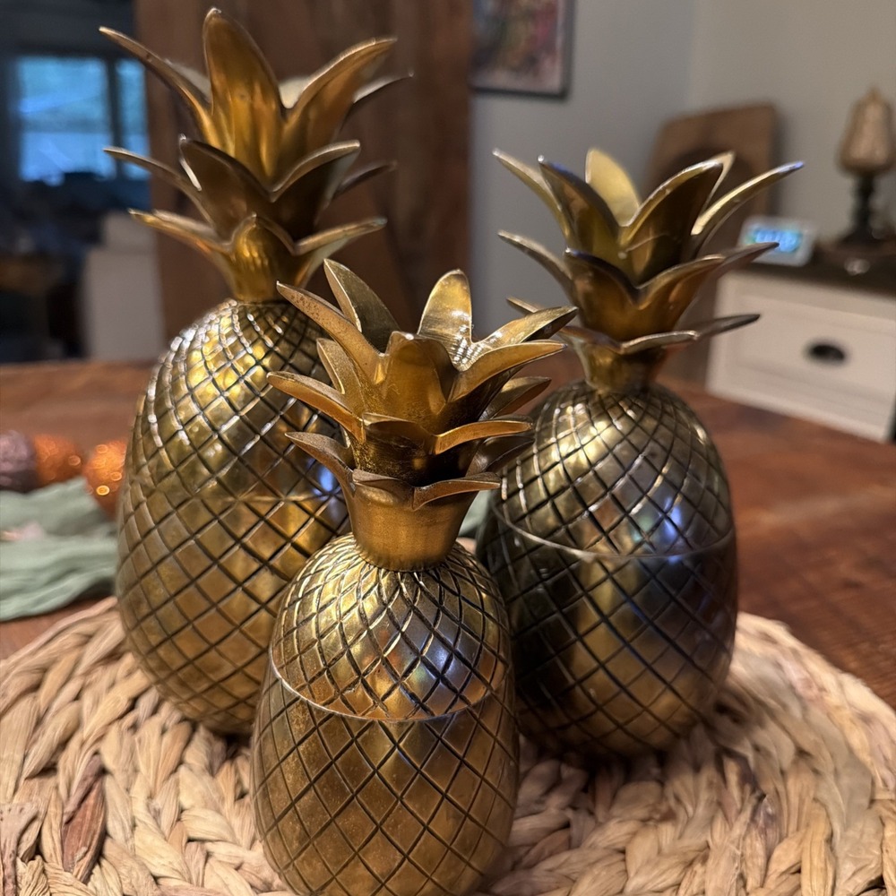 Vintage Ballard Designs Bunny Williams Pineapple Trio Gold/ Brass Tone Canisters